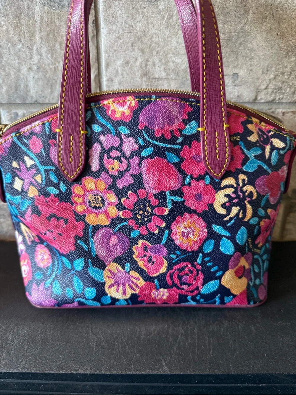 Dooney & Bourke Navy Floral Satchel with Magenta Trim
